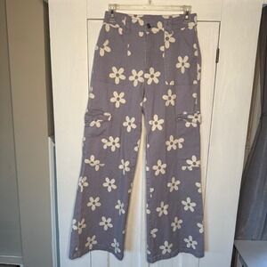 Altar'D State Women's Size Small Cargo Pants Purple Daisy Print Wide Leg Flowers